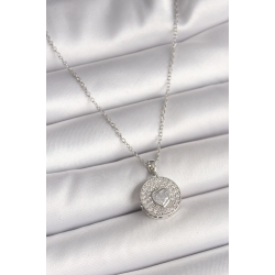 Mey İthalat® 316L Çelik Gümüş Renk Zincir Zirkon Taşlı Kalp İşlemeli Madalyon Model Kadın Kolye