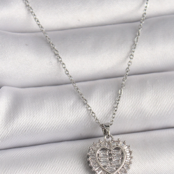 Mey İthalat® 316L Çelik Gümüş Renk Zincir Zirkon Taşlı Kalp Model Kadın Kolye