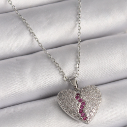 Mey İthalat® 316L Çelik Gümüş Renk Zincir Zirkon Taşlı Kalp Model Kadın Kolye