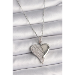 Mey İthalat® 316L Çelik Gümüş Renk Zincir Zirkon Taşlı Kırık Kalp Model Kadın Kolye
