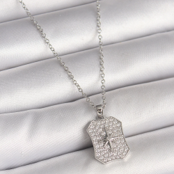 Mey İthalat® 316L Çelik Gümüş Renk Zincir Zirkon Taşlı Kutup Yıldız İşlemeli Madalyon Model Kadın Kolye