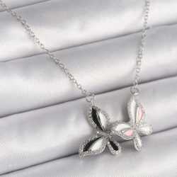 Mey İthalat® 316L Çelik Gümüş Renk Zincir Zirkon Taşlı Renkli Kelebek Model Kadın Kolye