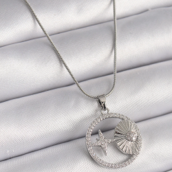 Mey İthalat® 316L Çelik Gümüş Renk Zincir Zirkon Taşlı Yıldız Madalyon Model Kadın Kolye