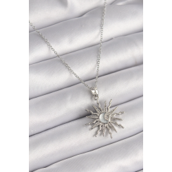 Mey İthalat® 316L Çelik Gümüş Renk Zincir Zirkon Taşlı Güneş Model Sedefli Ay İşleme Detay Kadın Kolye