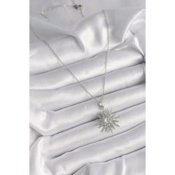 Mey İthalat® 316L Çelik Gümüş Renk Zincir Zirkon Taşlı Güneş Model Sedefli Ay İşleme Detay Kadın Kolye