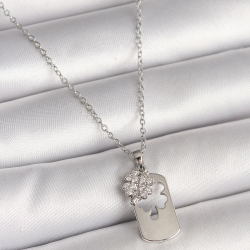 Mey İthalat® 316L Çelik Gümüş Renk Zincir Zirkon Taşlı Yonca Model Kadın Kolye