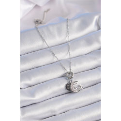 Mey İthalat® 316L Çelik Gümüş Renk Zirkon Taşlı Ay Yıldız  Figür Charm Model Kadın Kolye