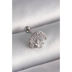 Mey İthalat® 316L Çelik Gümüş Renk Zirkon Taşlı Ay Yıldız Tragus Piercing