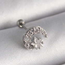 Mey İthalat® 316L Çelik Gümüş Renk Zirkon Taşlı Ay Yıldız Tragus Piercing