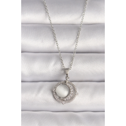 Mey İthalat® 316L Çelik Gümüş Renk Zirkon Taşlı Beyaz Sedefli Hilal Model Kadın Kolye