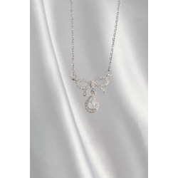 Mey İthalat® 316L Çelik Gümüş Renk Zirkon Taşlı Fiyonk Detay Damla Kolye