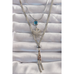 Mey İthalat® 316L Çelik Gümüş Renk Zirkon Taşlı Göz Detay Nazarlı Uzun Asansör Model Kolye