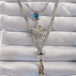 Mey İthalat® 316L Çelik Gümüş Renk Zirkon Taşlı Göz Detay Nazarlı Uzun Asansör Model Kolye