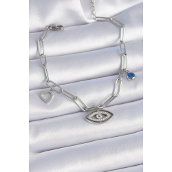 Mey İthalat® 316L Çelik Gümüş Renk Zirkon Taşlı Göz Figür Kalp Detay Kadın Bileklik