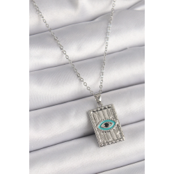 Mey İthalat® 316L Çelik Gümüş Renk Zirkon Taşlı Göz İşleme Detaylı Plaka Model Kadın Kolye