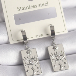 Mey İthalat® 316L Çelik Gümüş Renk Zirkon Taşlı Göz İşleme Detaylı Plaka Model Kadın Küpe