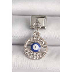 Mey İthalat® 316L Çelik Gümüş Renk Zirkon Taşlı Göz Model Nazar Boncuk Detay Nomination Charm