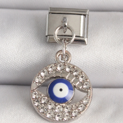 Mey İthalat® 316L Çelik Gümüş Renk Zirkon Taşlı Göz Model Nazar Boncuk Detay Nomination Charm