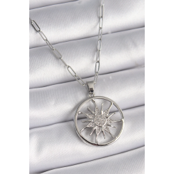 Mey İthalat® 316L Çelik Gümüş Renk Zirkon Taşlı Güneş Madalyon Model Kadın Kolye
