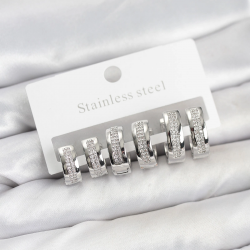 Mey İthalat® 316L Çelik Gümüş Renk Zirkon Taşlı Halka Küpe Seti