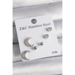 Mey İthalat® 316L Çelik Gümüş Renk Zirkon Taşlı Hilal Model Kadın Küpe Seti