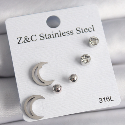 Mey İthalat® 316L Çelik Gümüş Renk Zirkon Taşlı Hilal Model Kadın Küpe Seti