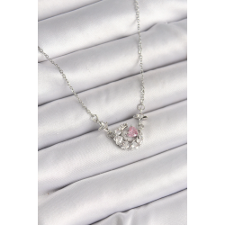 Mey İthalat® 316L Çelik Gümüş Renk Zirkon Taşlı Hilal Pembe Kalp Model Kadın Kolye