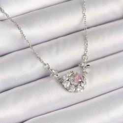 Mey İthalat® 316L Çelik Gümüş Renk Zirkon Taşlı Hilal Pembe Kalp Model Kadın Kolye