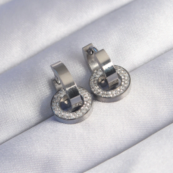 Mey İthalat® 316L Çelik Gümüş Renk Zirkon Taşlı İç İçe Geçmeli Oval Küpe