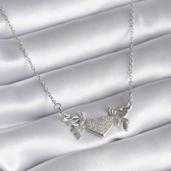 Mey İthalat® 316L Çelik Gümüş Renk Zirkon Taşlı Kanat Kalp Model Kadın Kolye