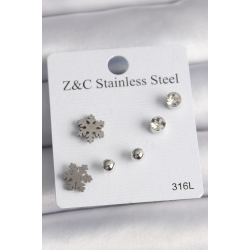 Mey İthalat® 316L Çelik Gümüş Renk Zirkon Taşlı Kar Tanesi Model Kadın Küpe Seti