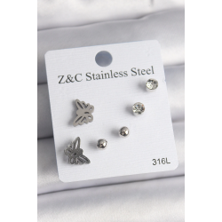 Mey İthalat® 316L Çelik Gümüş Renk Zirkon Taşlı Kelebek Model Kadın Küpe Seti