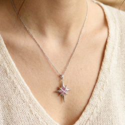 Mey İthalat® 316L Çelik Gümüş Renk Zirkon Taşlı Kutup Yıldızı Model Kadın Kolye