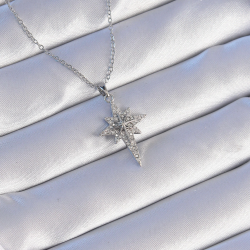 Mey İthalat® 316L Çelik Gümüş Renk Zirkon Taşlı Kutup Yıldızı Model Kolye