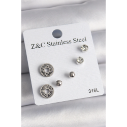 Mey İthalat® 316L Çelik Gümüş Renk Zirkon Taşlı Labirent Model Kadın Küpe Seti