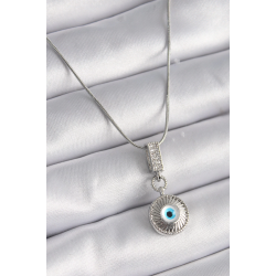 Mey İthalat® 316L Çelik Gümüş Renk Zirkon Taşlı Nazar Boncuk Model Kadın Kolye