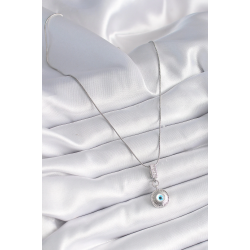 Mey İthalat® 316L Çelik Gümüş Renk Zirkon Taşlı Nazar Boncuk Model Kadın Kolye