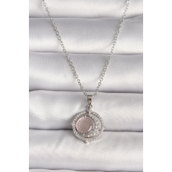 Mey İthalat® 316L Çelik Gümüş Renk Zirkon Taşlı Pembe Sedefli Hilal Model Kadın Kolye