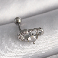 Mey İthalat® 316L Çelik Gümüş Renk Zirkon Taşlı Toplu İğne Tragus Piercing