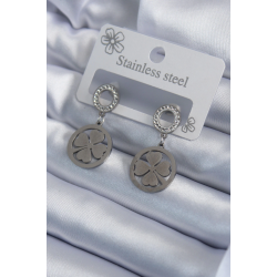 Mey İthalat® 316L Çelik Gümüş Renk Zirkon Taşlı Yonca Model İşleme Detay Kadın Küpe