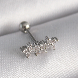 Mey İthalat® 316L Çelik Gümüş Renk Zirkon Taşlı Yonca Tragus Piercing