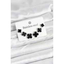 Mey İthalat® 316L Çelik Gümüş Siyah Renk 3 Boy Yonca Küpe Seti