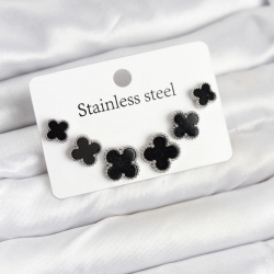 Mey İthalat® 316L Çelik Gümüş Siyah Renk 3 Boy Yonca Küpe Seti