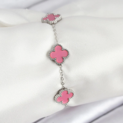 Mey İthalat® 316L Çelik Gümüş Zincir Pembe Renk Yonca Bileklik