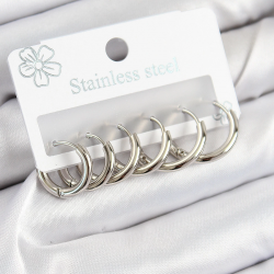 Mey İthalat® 316L Çelik Halka Model Gümüş Renk 3'lü Set Kadın Küpe