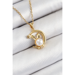 Mey İthalat® 316L Çelik İnci Detaylı Hilal Tavşan Model Gold Renk Kadın Kolye