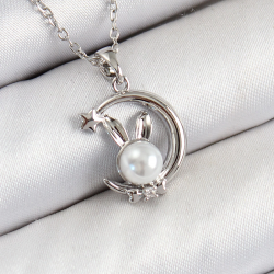 Mey İthalat® 316L Çelik İnci Detaylı Hilal Tavşan Model Gümüş Renk Kadın Kolye