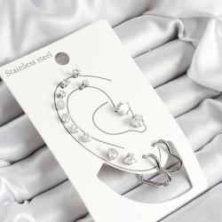 Mey İthalat® 316L Çelik Kalp Figürlü Ve Zirkon Taşlı Gümüş Renk 7'li Çift Kadın Küpe Set