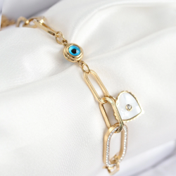 Mey İthalat® 316L Çelik Nazar Boncuğu Ve Zirkon Taşlı Kalp Model Gold Renk Kadın Bileklik