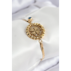 Mey İthalat® 316L Çelik Nazar Boncuk Detaylı Yonca Model İtalyan Zincir Gold Renk Kadın Bileklik